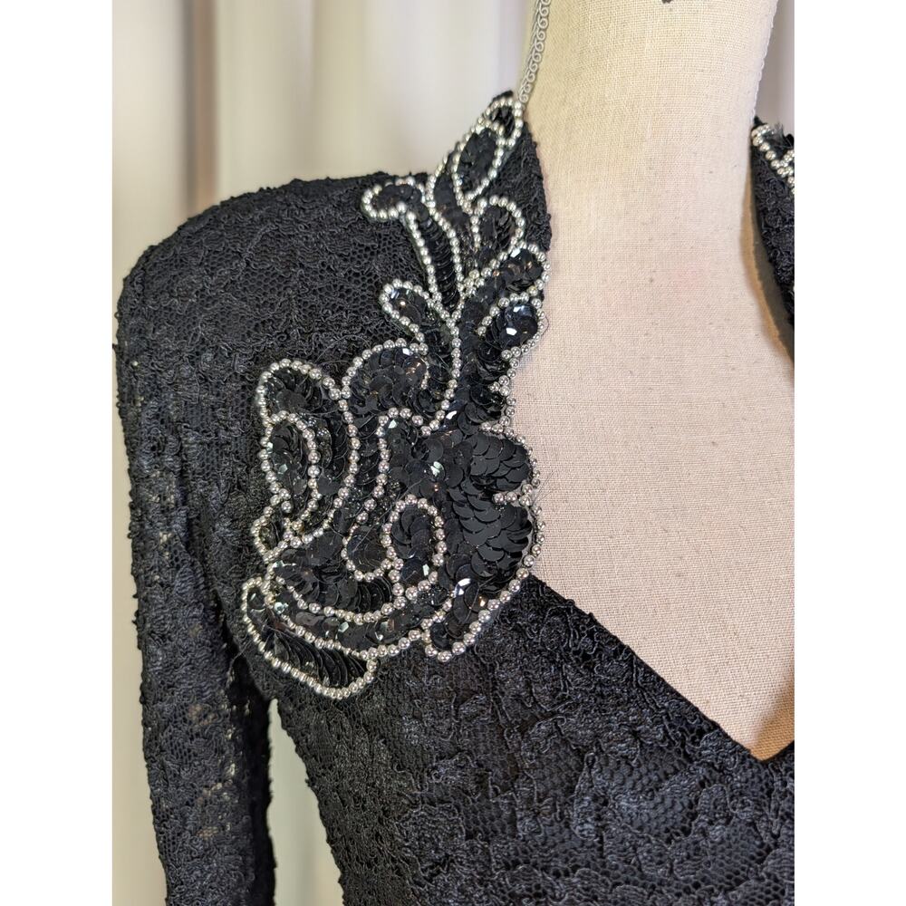 Vintage 80s Betsy & Adam Black Lace Beaded Cocktail Party Dress USA - Picture 11 of 16